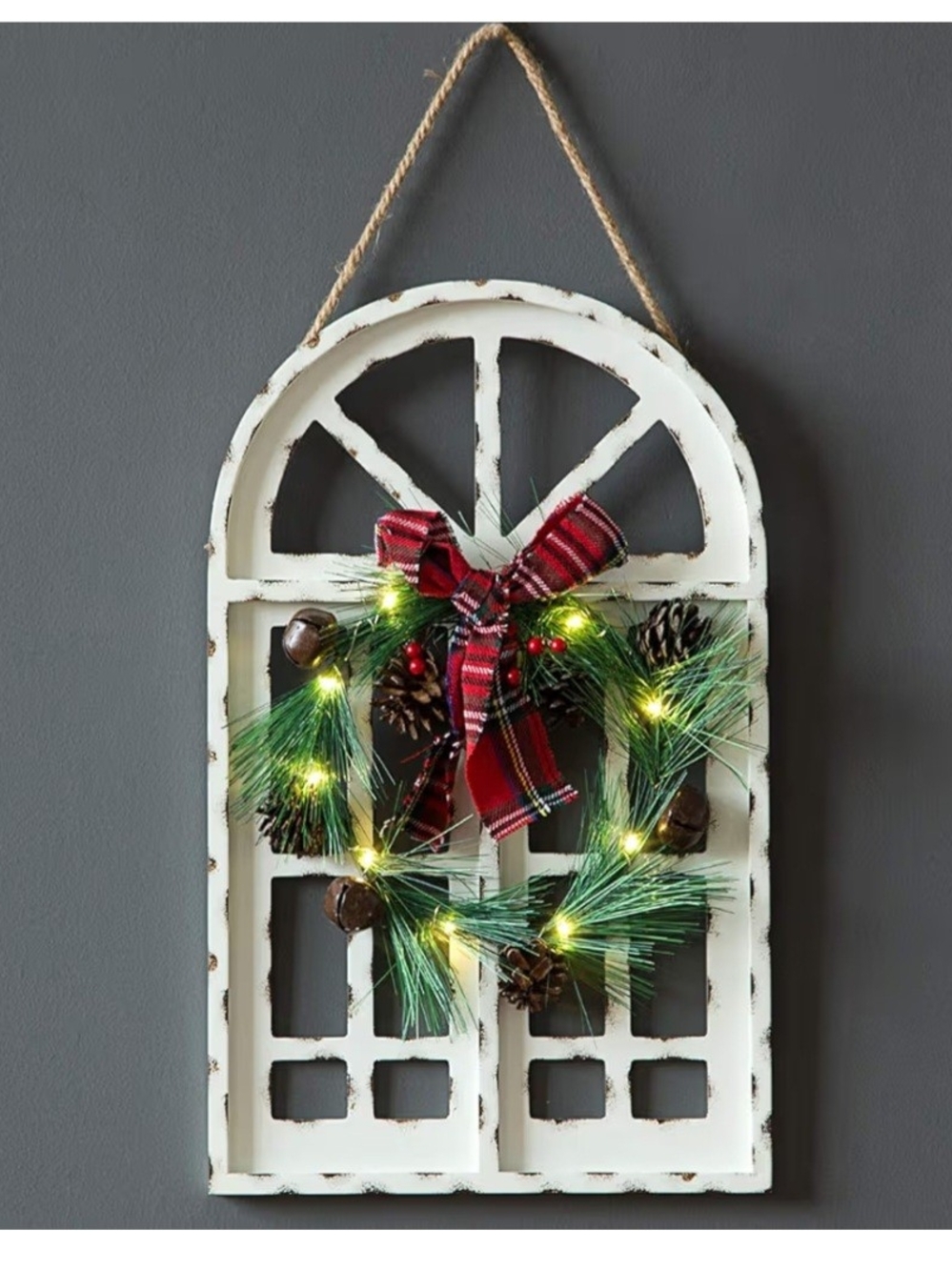 Holiday Window Wreath Wall Decor - White Frame with Red Bow. NWT.